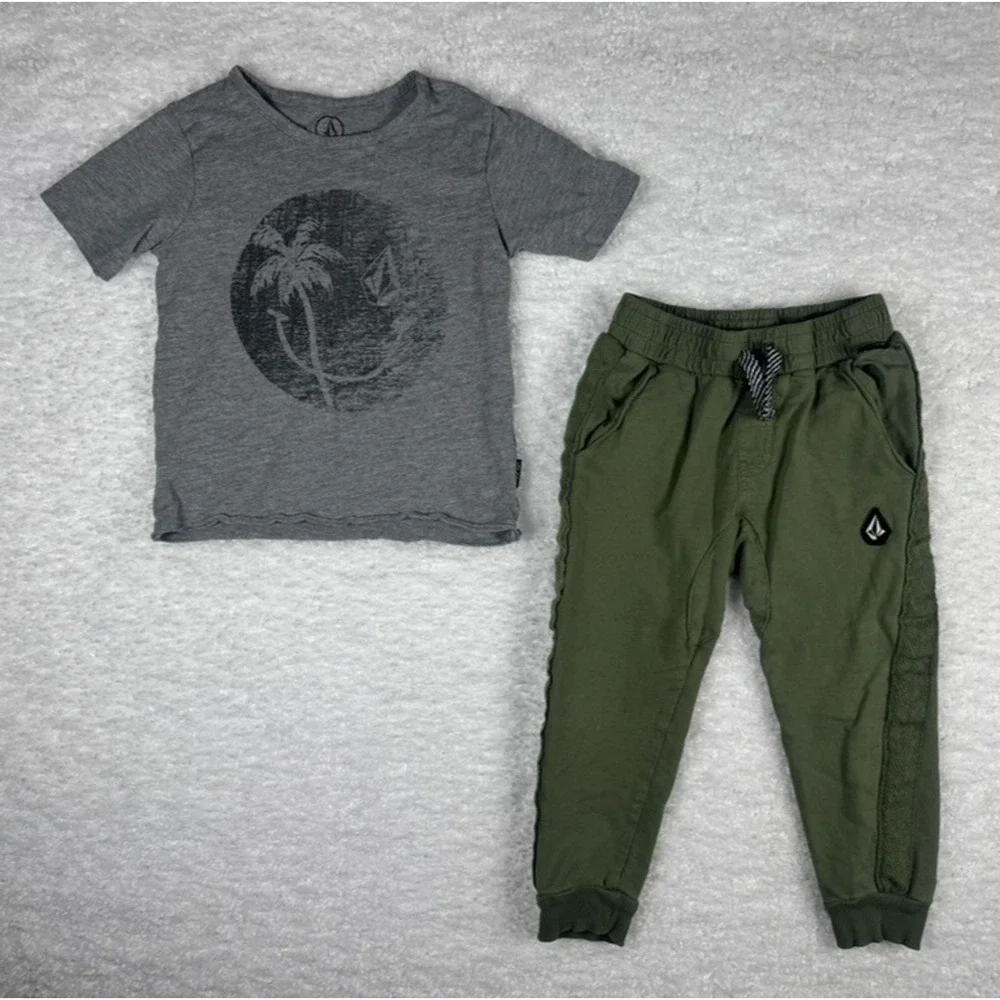 Volcom Gray Smiley Face Logo Shirt & Green Joggers 2-Piece Set - Size 4T